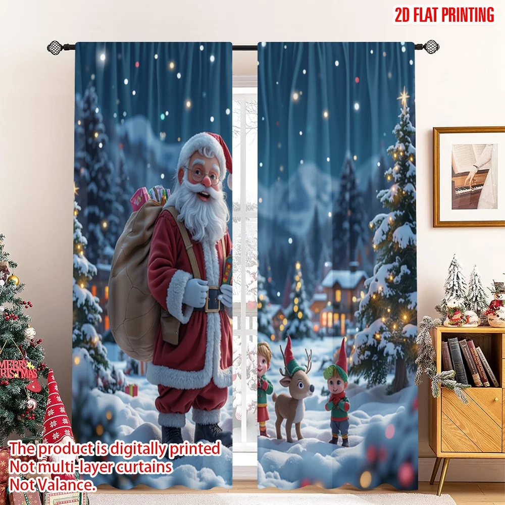 

2pcs 2D flat printing Merry Christmas Window Drapes Santa Claus with reindeer and gifts Fabric Without Electricity Festive