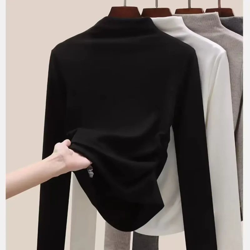 Women Half Turtleneck Double-sided Fleece Thermal Top Side Ruched Slim Fit Long Sleeve Autumn Winter Layering Shirt