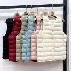 Autumn Winter Lightweight Down Cotton Vest Women Sleeveless Cardigan O-neck Single-breasted Warm Vest Coat Waistcoat Women Vest