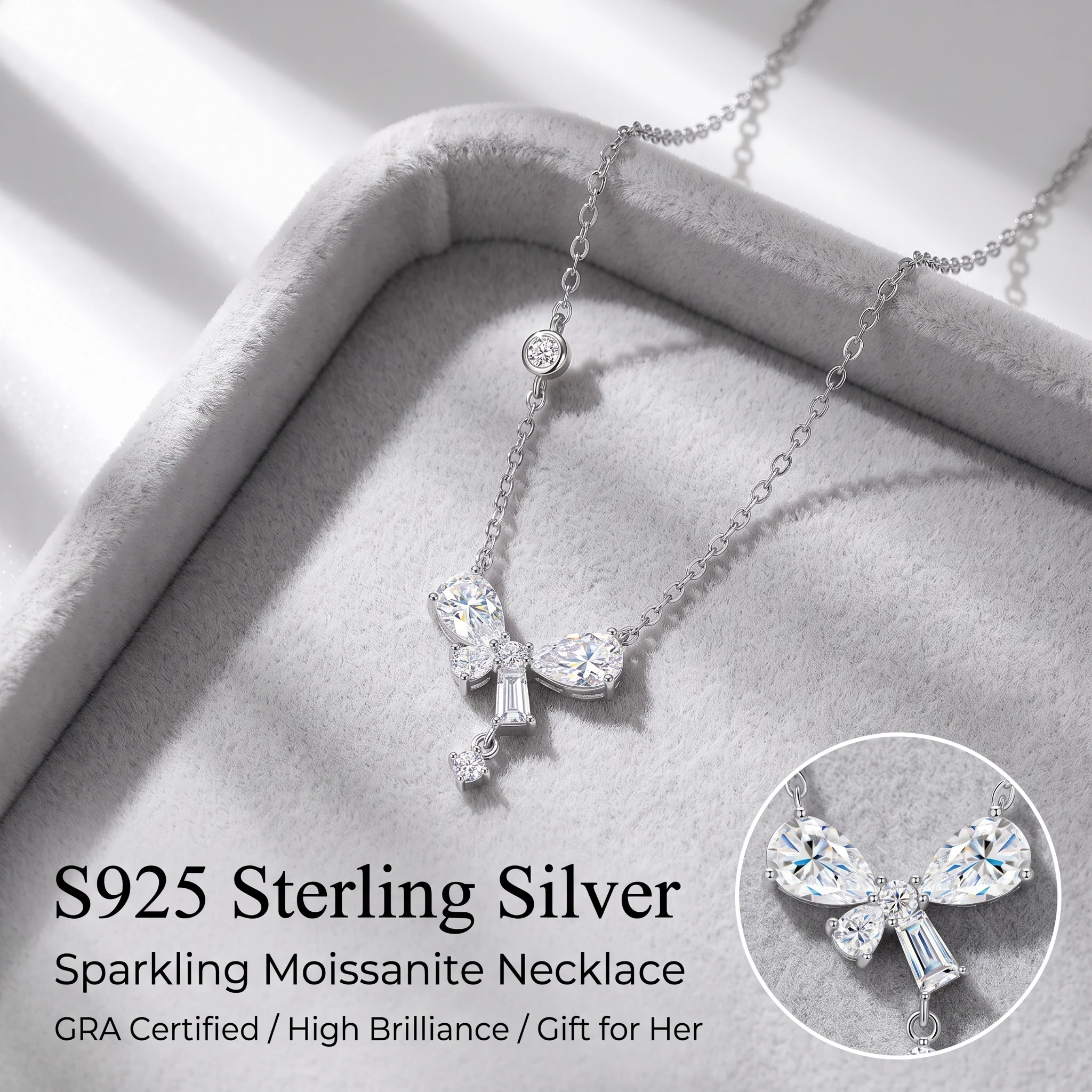 925 Sterling Silver Bowknot Moissanite Necklace for Women Pear Cut D Color VVS1 Lab Diamond Pendant Necklace Romantic Wedding Je