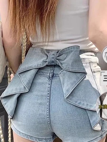 Summer High Waist  Knot Denim Shorts Women's Sexy Slimming Trendy Hot Pants Straight Leg Zipper Style Bodycon Jeans