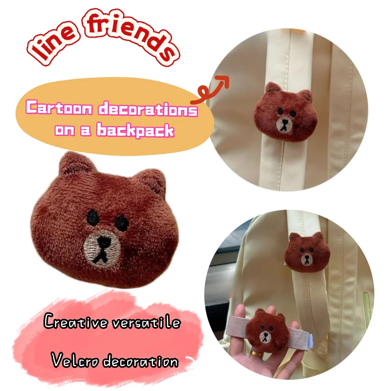 Muñeco de peluche marrón de Line Friends, de alto valor estético, con personalidad creativa, decoración para mochila escolar, muñeco de dibujos animados lindo con gancho y lazo para mochila.