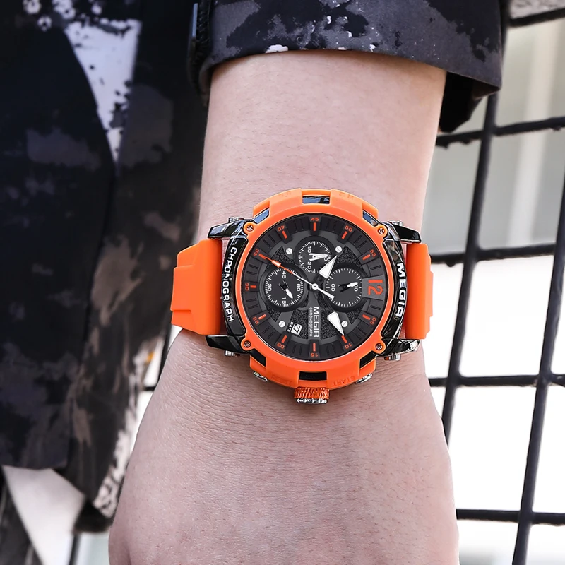 MEGIR Mens Watches Top Brand Luxury Silicone Strap Waterproof Sport Chronograph Quartz Watch for Men Clock Relogio Masculino