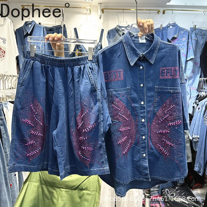 

Europe Fashion Women Denim Sets Hot Drilling Loose Short Sleeve Denim Cardigans Top + Elastic Waist Casual Knee-length Pants