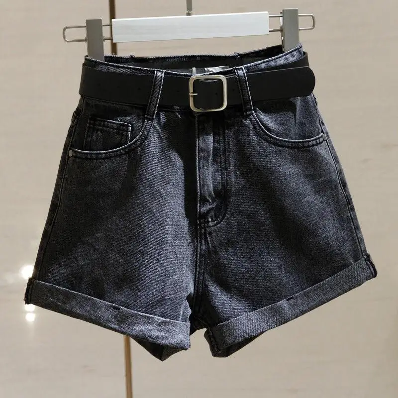 Summer  High Waist A-Line Denim Shorts Women's Slimming Versatile Student Wide Leg Pants Cuffed Trendy Hot Pants