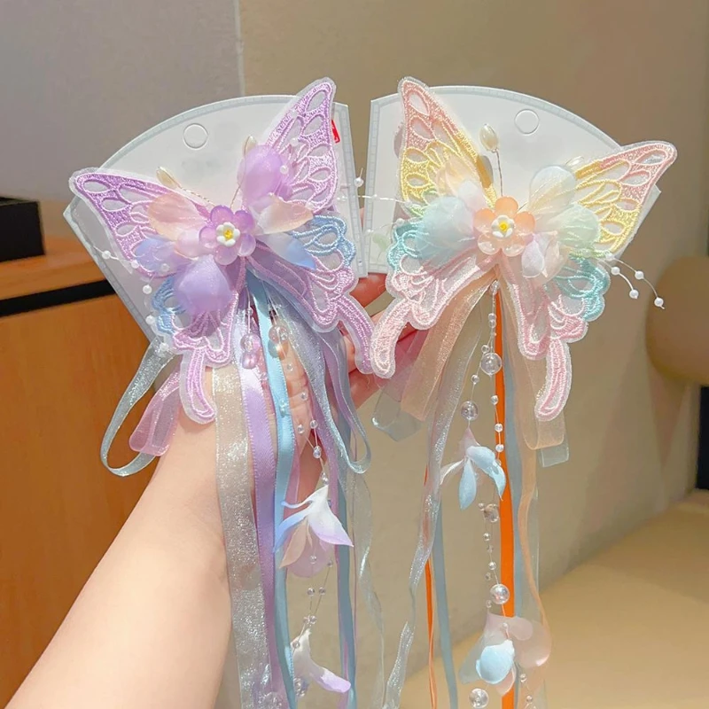 

Детская заколка для волос в старинном стиле, аксессуар для волос в стиле Ханьфу с эфирным цветком и бабочкой, длинная лента, украшение для волос в костюме китайской принцессы