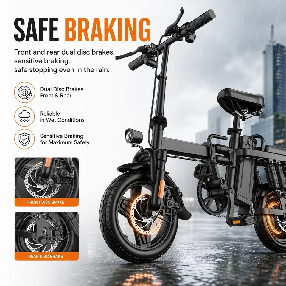 14 Inch Folding Electric Bike for Adults, 48V 15Ah 60km Long Range Commuter E-bike, 43km/h High Speed, Dual Disc Brakes, 150kg Load Portable Electric Bicycle with Basket image 9