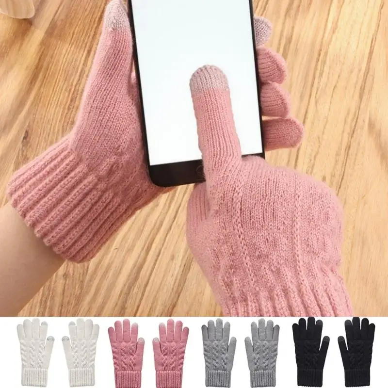 

Knitted Gloves For Winter Hand Warmer Thicken Fleece Lined Knitted Touch Screen Gloves Solid-color Full Fingered Mittens