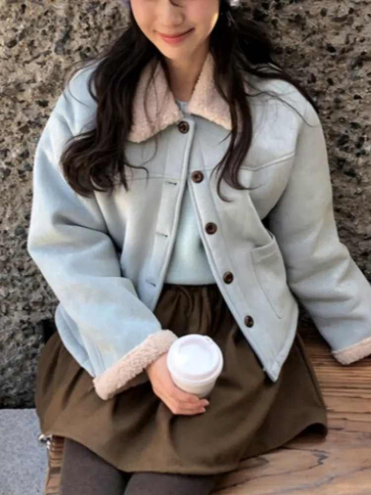 Chic Winter ort Lamb Fur Suede Jaet Women's Warmth Flap Collar Single Button Leather And Fur Inteated Outerwear Coat