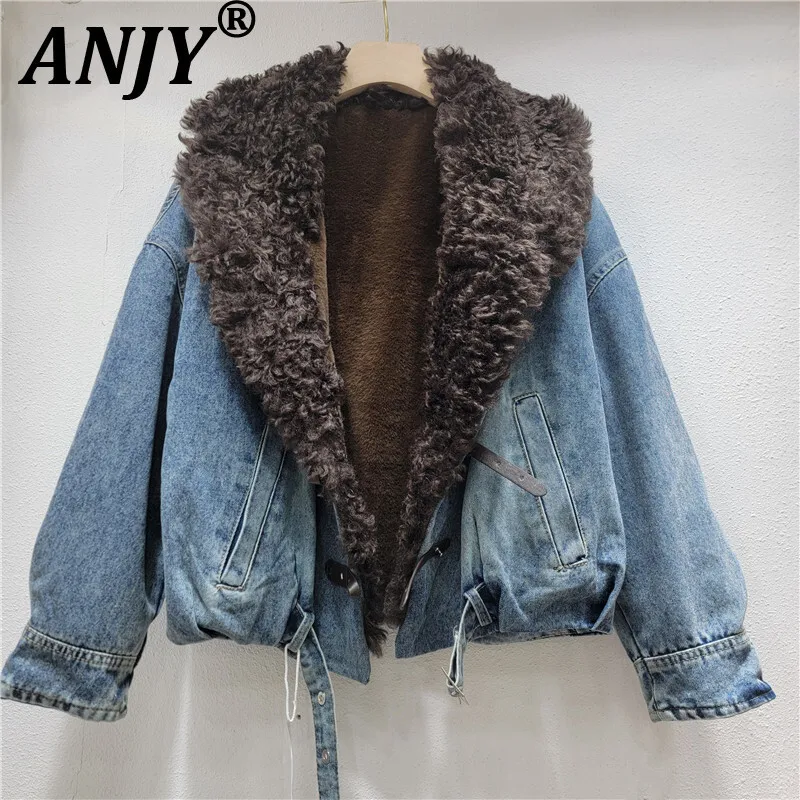 

ANJY 2025 Autumn Winter New Women Fashion Color-Block Patchwork Denim Padded Coat Ins Turn-Down Collar Short Parka Jacket A15513