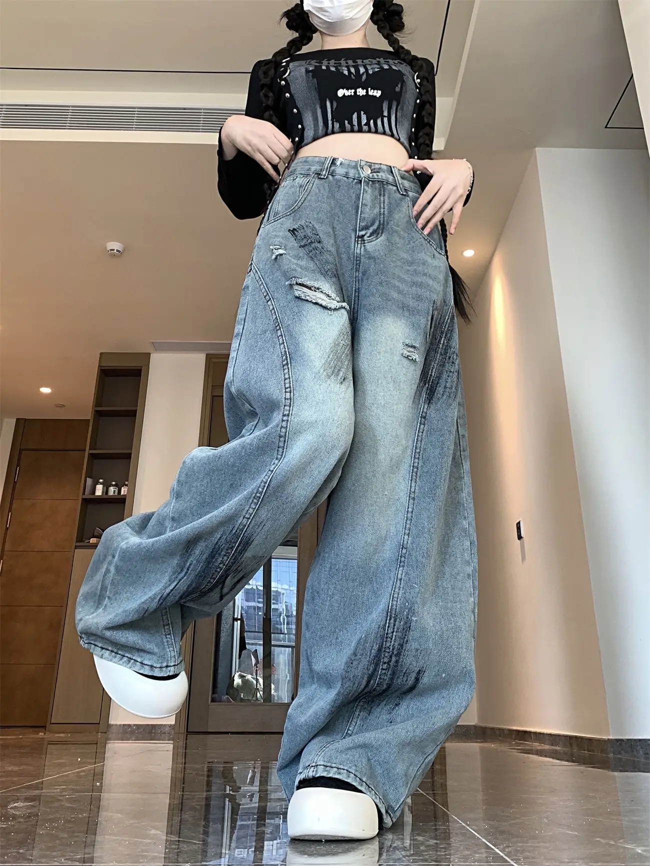 Damskie niebieskie podarte jeansy luźne casualowe lata 2000 Y2k amerykański styl uliczny gotyckie jesienne cienkie szerokie spodnie bloomersy modne jeansy