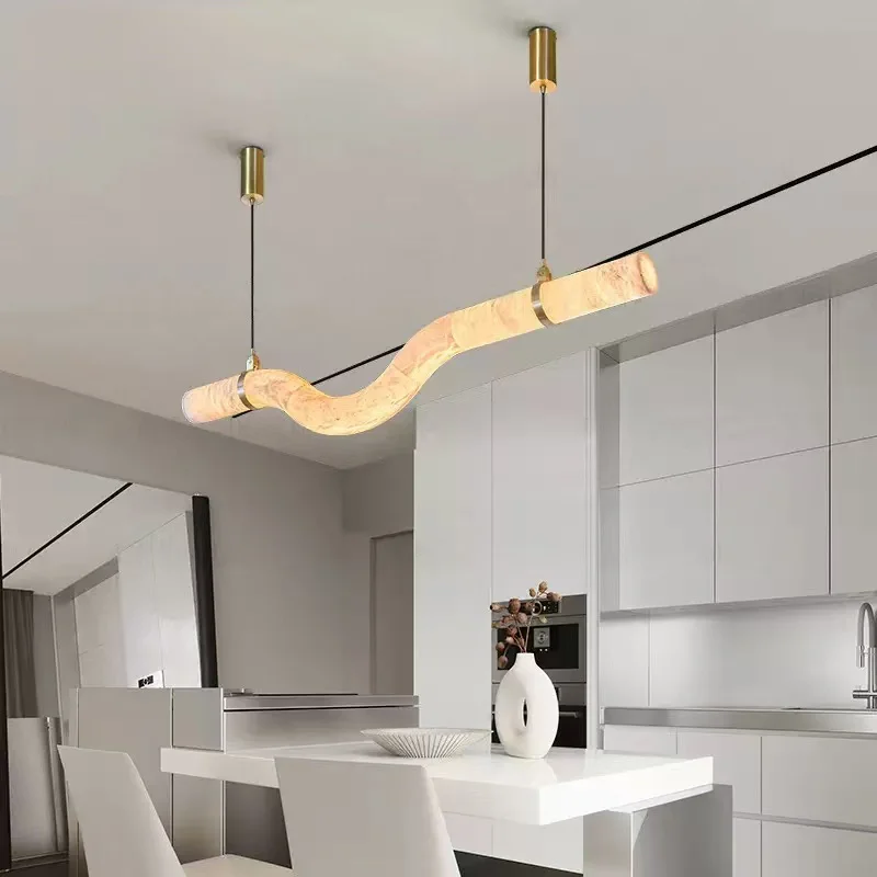 Modern Simple Natural Marble Designer Light for Villa Restaurant Bar Long Copper Custom Lamps Glass Ball Leather Chandelier