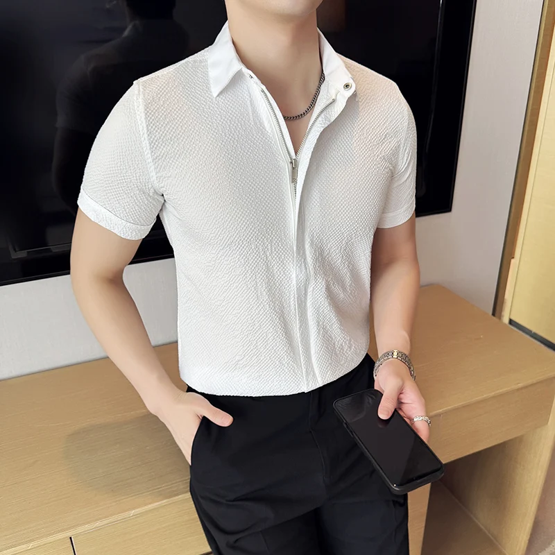 2025 Mens Light Business Office Shirts Men Casual Zipper Short Sleeve Shirt Male Slim Fit Solid Color Lapel Cardigan Fashion Top