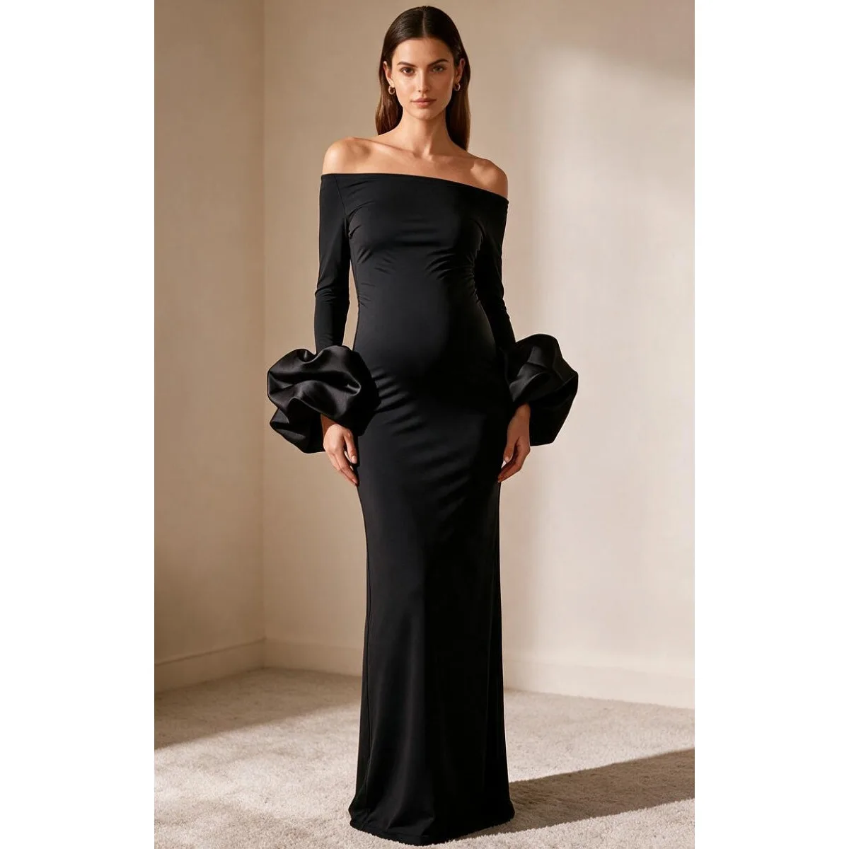 Black Oversized Ruffle Cuffs Maternity Baby Shower Dress Maternity Gown YD260833