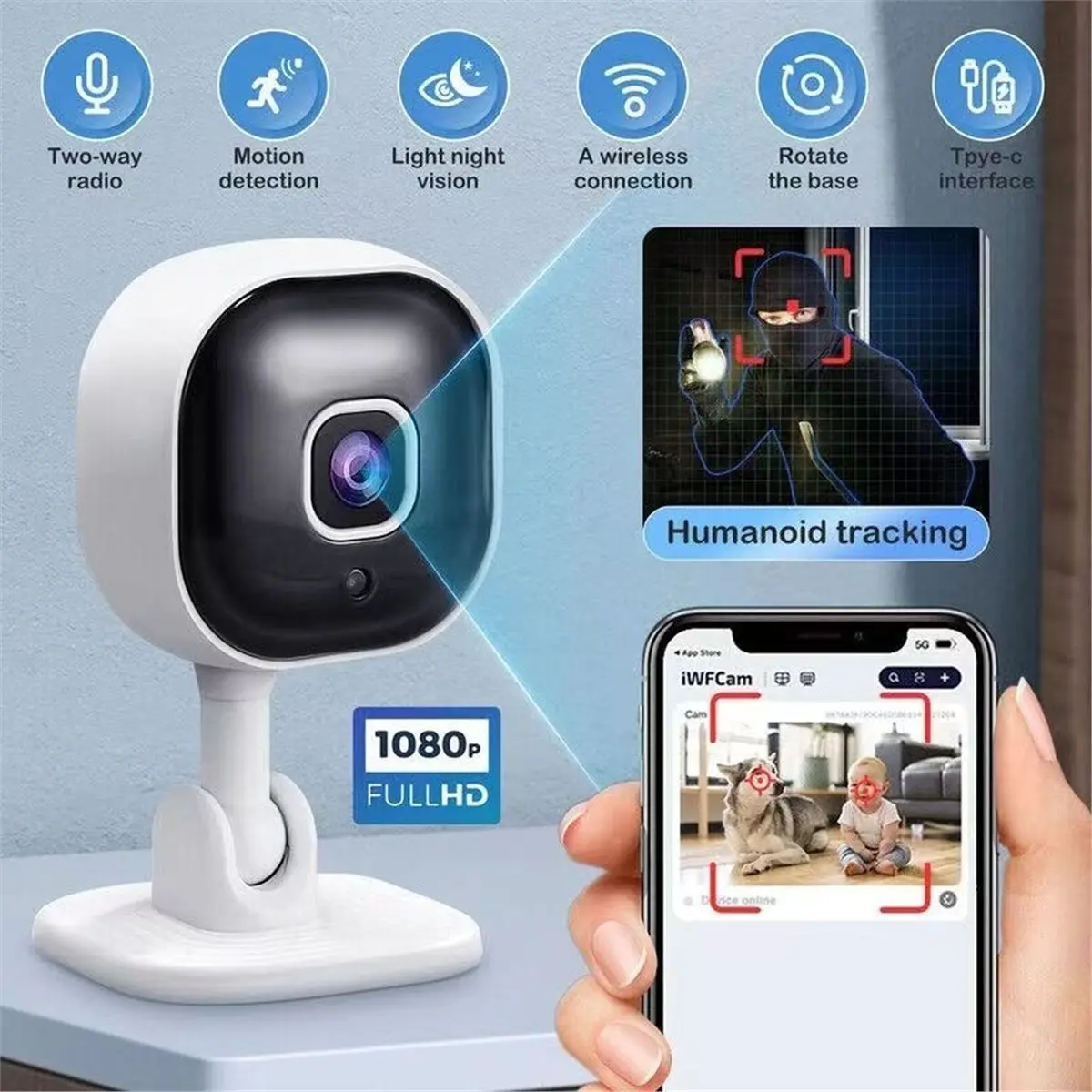 DTC5 2PCS 1080p HD Wifi Camera Indoor Mini Home Surveillance Camera Night Vision Two Ways Audio Human Detection 2.4G Security