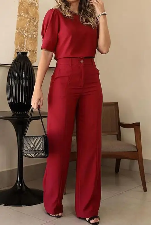 Commuter Fashion Women\'s Summer Suit Casual Loose Short Sleeve Top Button Design Solid Color Pants Two Piece Set for Women