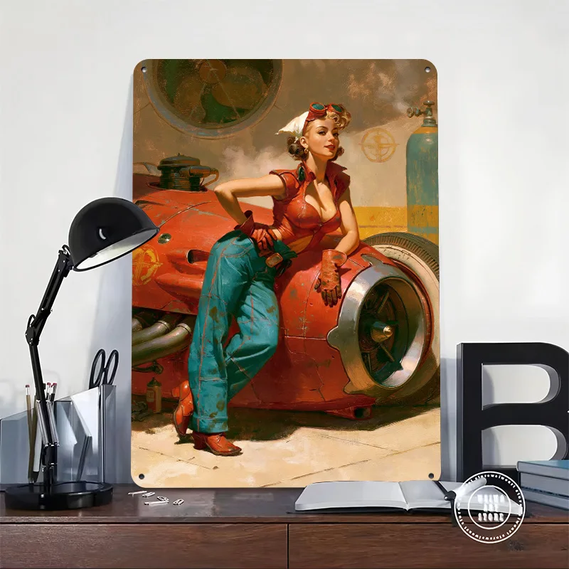 Retro Mechanic Pin-Up Girl With Race Car 3D Texture Metal Poster Customized Wall Art Tin Sign Gift for Mancave Wand Deko House