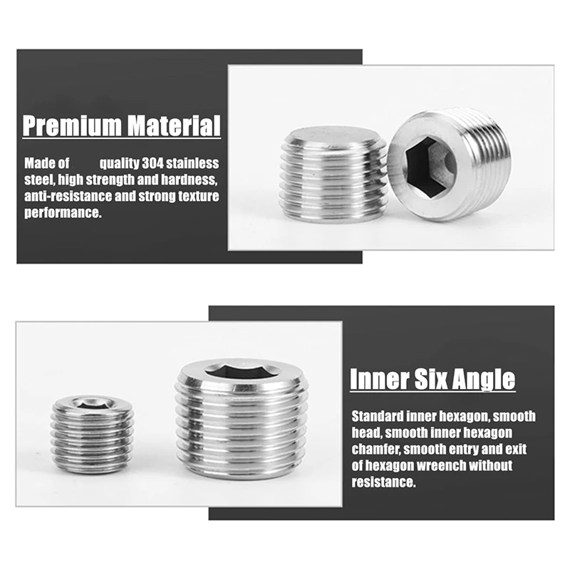 20 Pcs Pipe Plug Fitting,1/8 1/4 3/8 1/2 3/4In NPT Male Internal Hex Thread Socket Pipe Plug Fitting Assortment Kit,B-A79U