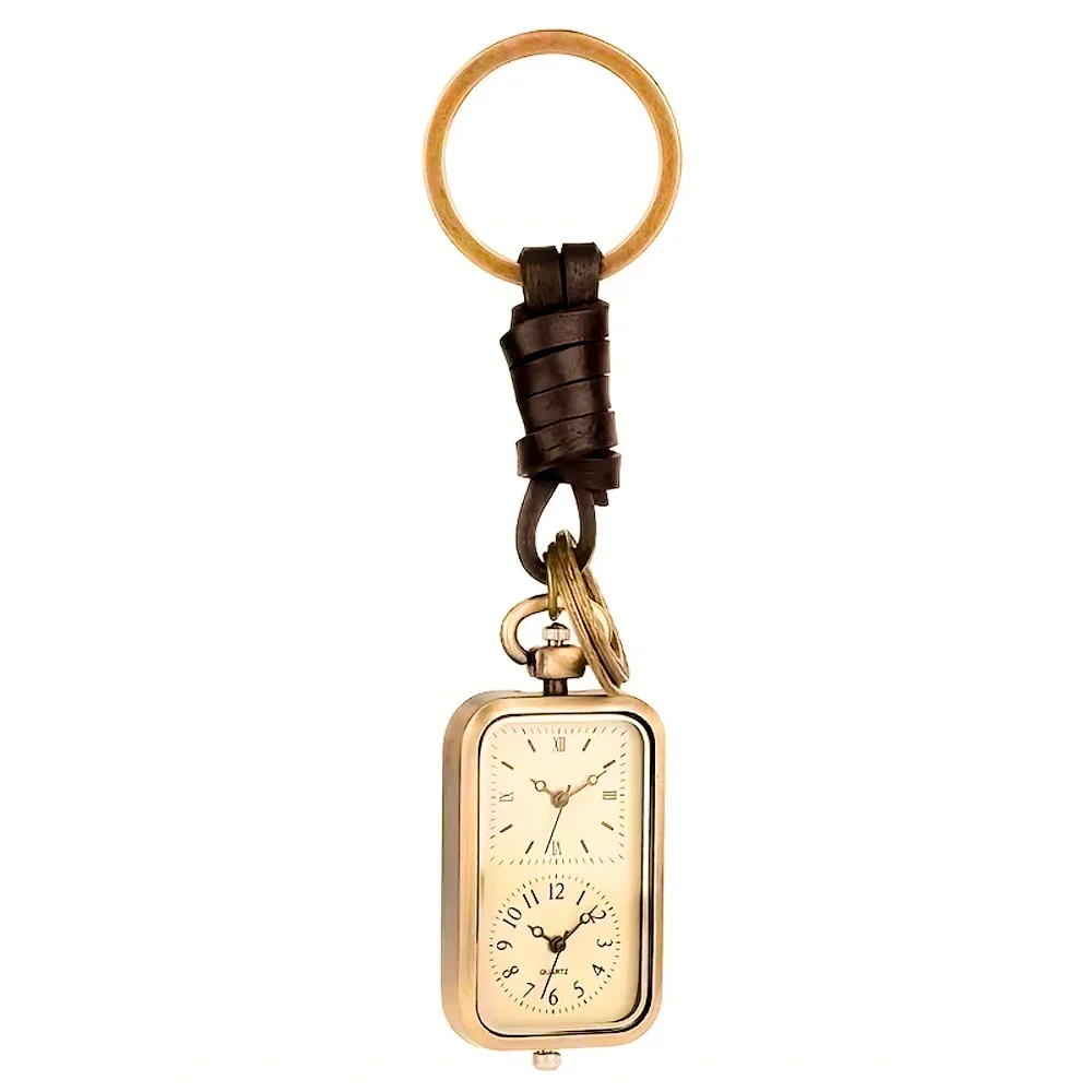 Exquisite Watch Bronze Keychain Pocket Watch Square Retro Double Time Movement Quartz Watch Without Cover Antique Style Pendant