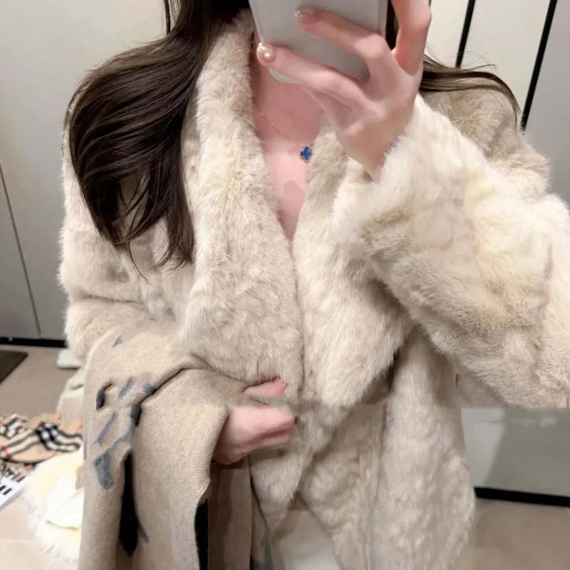 Womens Faux Rabbit Fur Coat Lapel Loose Lazy Style Thick Warm Winter Eco Friendly Fur Outerwear