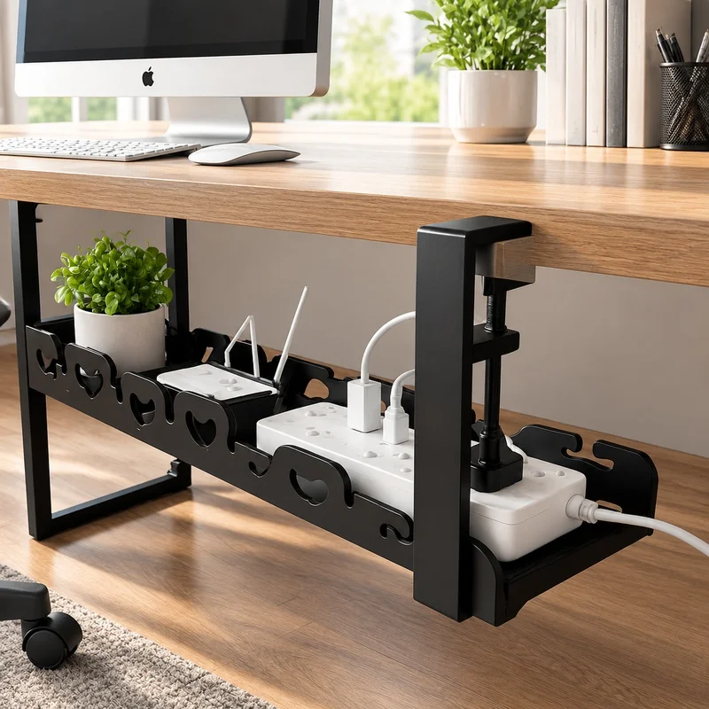 Desk Cable Storage Rack with Metal Wire Tray, Under-Table Organizer for Tidy Home and Office Setup, No Drilling Needed