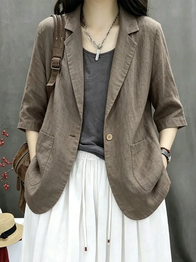 2026 Autumn New Style Artistic Cotton Linen  Color Casual Three Quarter Sleeve Short Jacket Women Versatile Pure Color S...