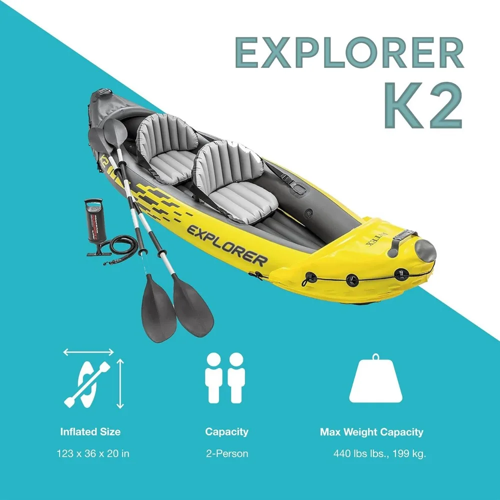 ชุดเรือคายัคแบบเป่าลม 68307EP Explorer K2: ประกอบด้วยพายอะลูมิเนียม Deluxe 86 นิ้วและปั๊มเอาต์พุตสูง SuperStrong PVC