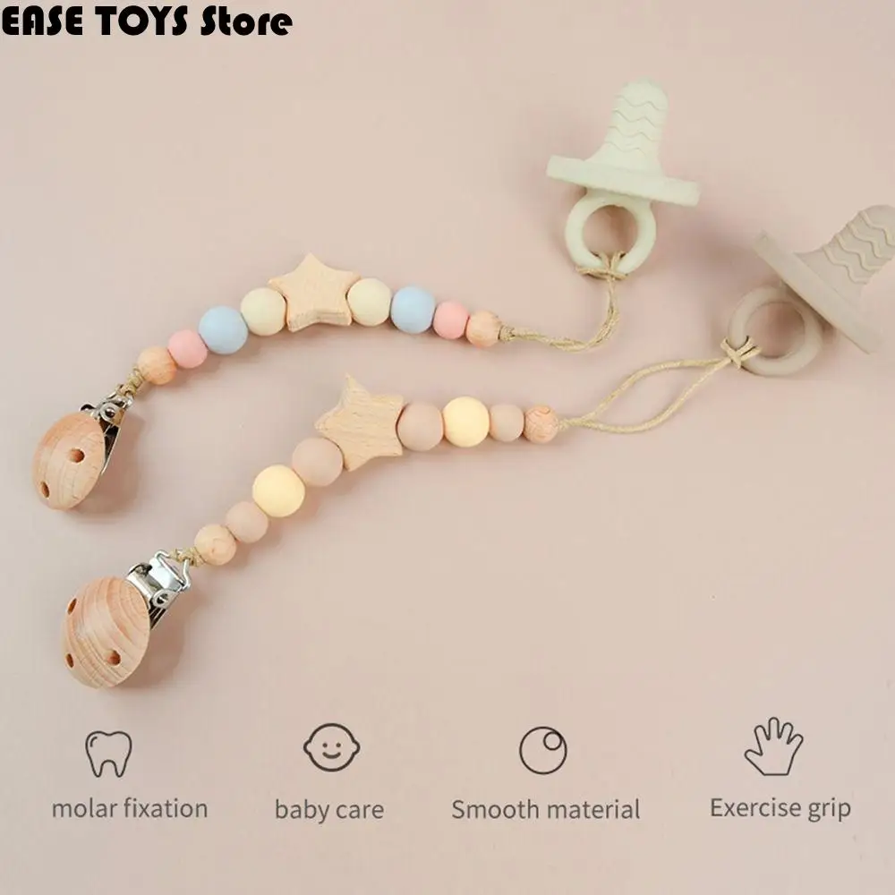 

Dummy Clips Pacifier Holder Clips Star Wood Baby Pacifier Chain Nipple Holder Clips Soother Holder Baby Teether Toys Straps