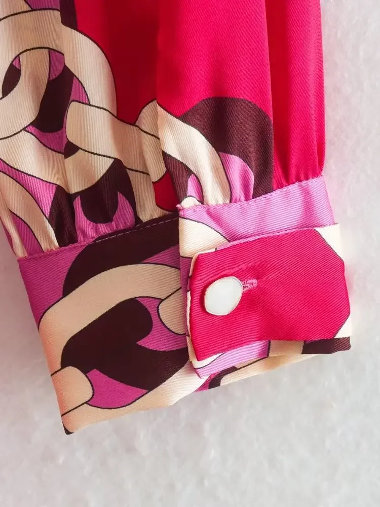 فستان نسائي طويل ربيعي بأكمام طويلة وسلسلة وردية مطبوعة بحزام واسع