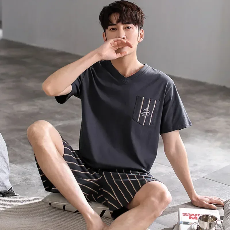 Пижамы, пижамные штаны, хлопковые короткие свободные домашние комплекты с рукавами для отдыха, мужские и мужские пижамы с эластичной резинкой на талии, летняя одежда