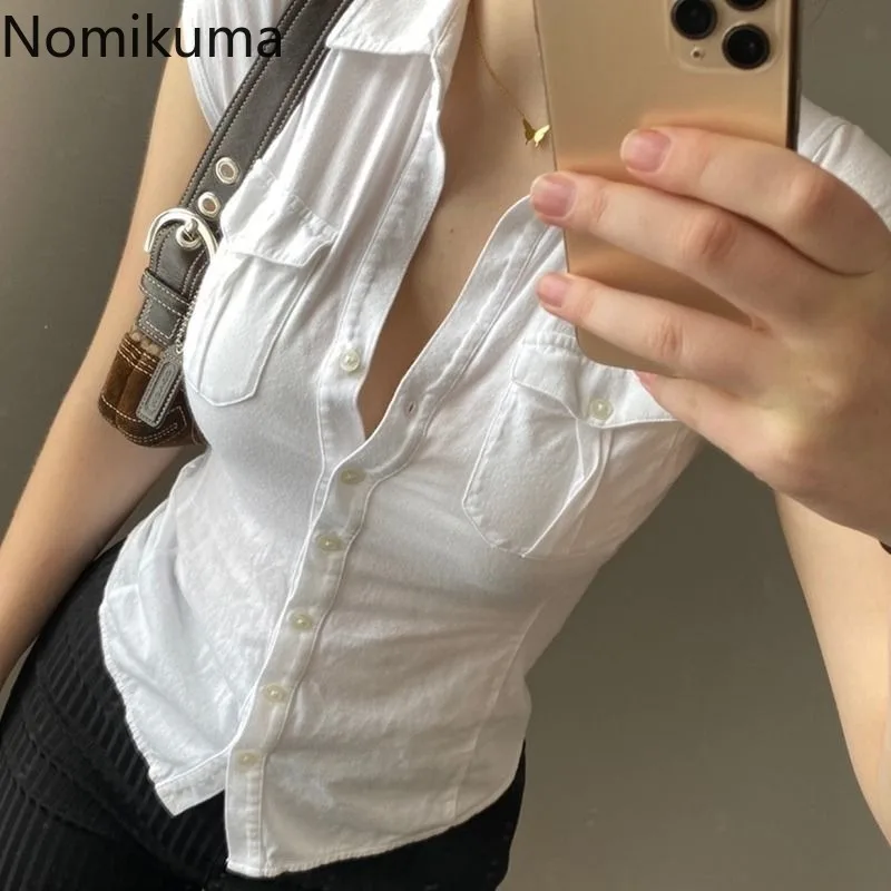 Tunic White Blouse for Women 2024 Blusas Mujer De Moda Crop Tops Single Breasted Slim Waist Shirts Fashion Summer Y2k Shirts