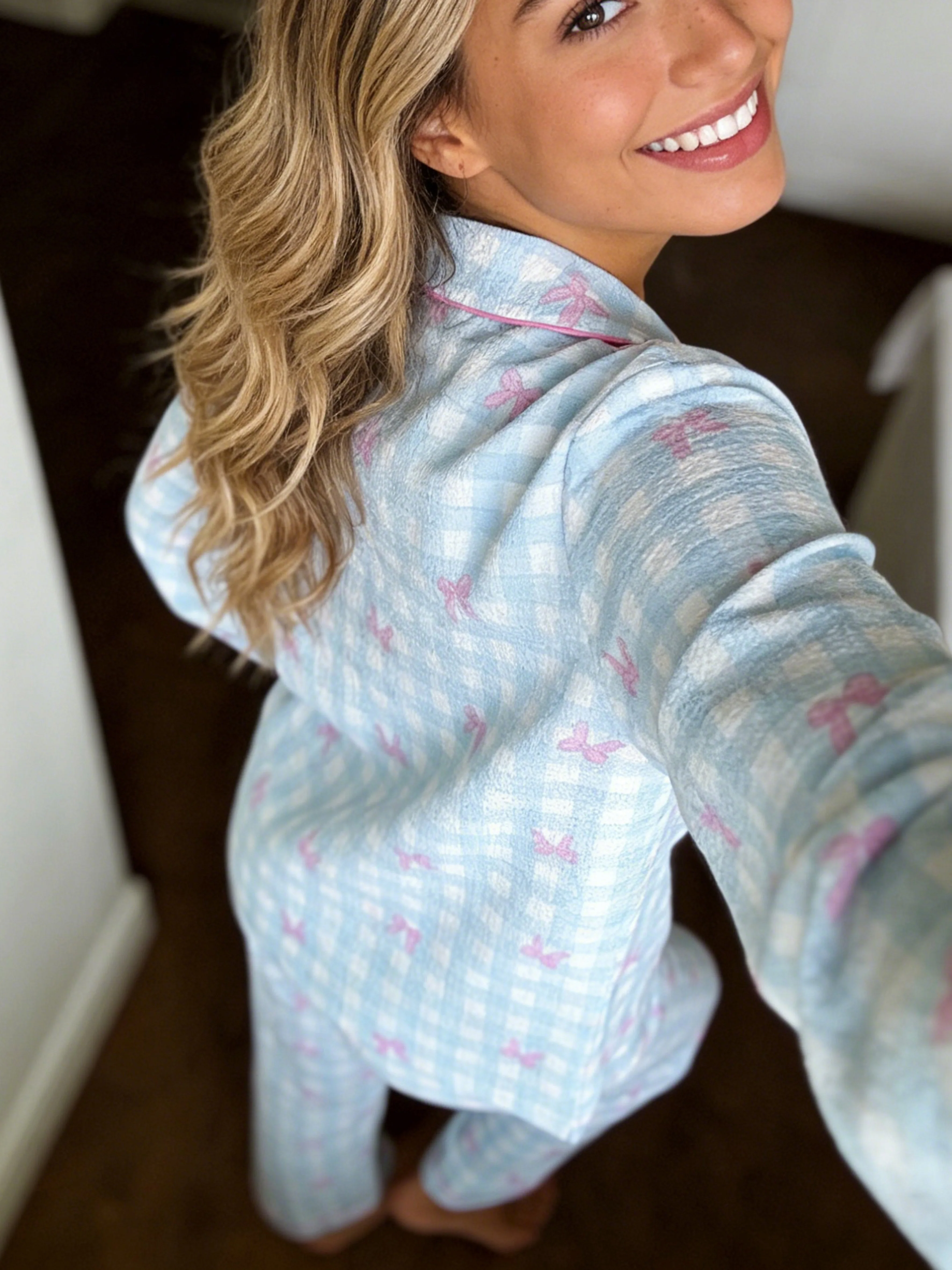 Women Pajamas Notch Lapel Long Sleeve Pants 2 Piece Set Spring Fall Winter Cute Bow Gingham Print Homewear image 2