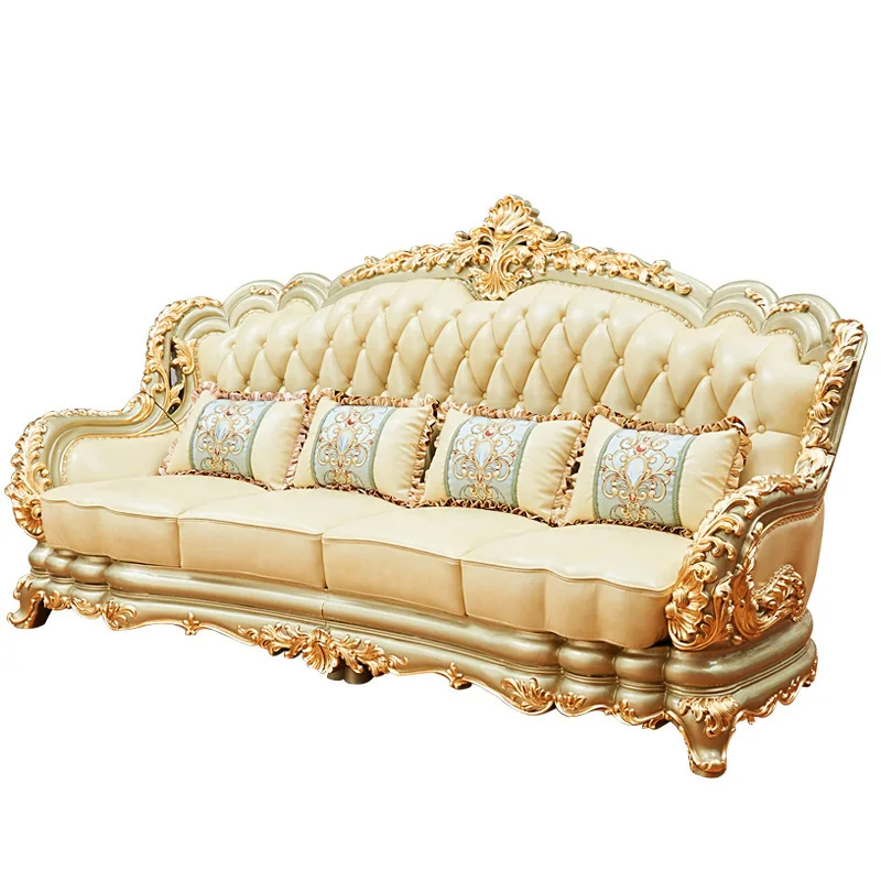 European style sofa, American luxury all solid wood first layer cowhide leather sticker gold foil villa living room