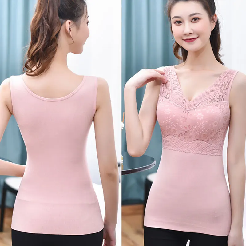 

Women Solid Color Warm Hollow Lace Thermal Underwear Vest Bra Body Tops Vest Sleeveless Slim Seamless Solid Color