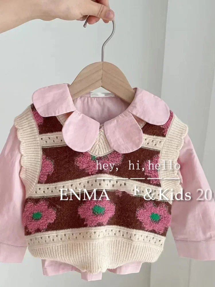 Abiti per ragazze Bambini 2024 Nuova collezione autunnale Camicette rosa e gilet a fiori Top Set in due pezzi Abiti stile semplice coreano