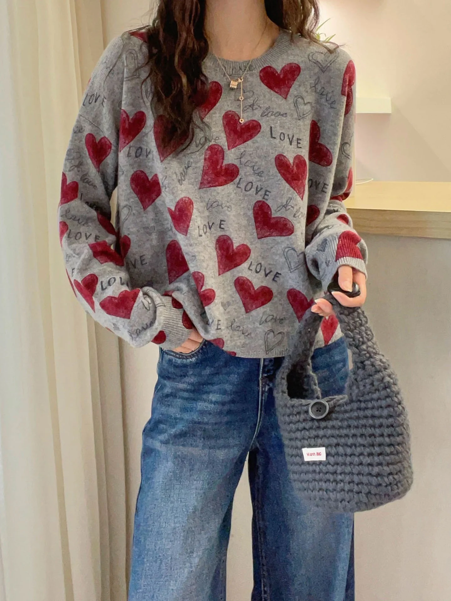 

Вязаный длинный свек круглый Ne Base irt корейский топ с принтом Agel Quali осенний сезонный цвет свитер с дизайном в виде сердца