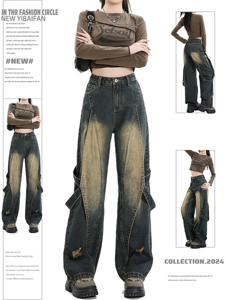 

Американские женские джинсы больших размеров с широкими штанинами, с высокой талией, длинные брюки, повседневные, для работы, для фигуры типа «груша», стройнящие, рабочая одежда