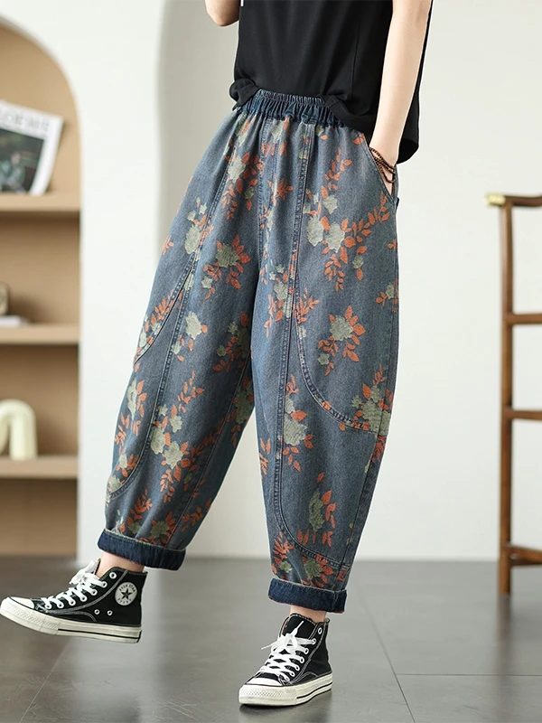 

Retro Printed Denim Jeans Women's Spring Summer plus Size Harem Pants Loose Waist Conceal Meat Slimming Wide Leg Harlan