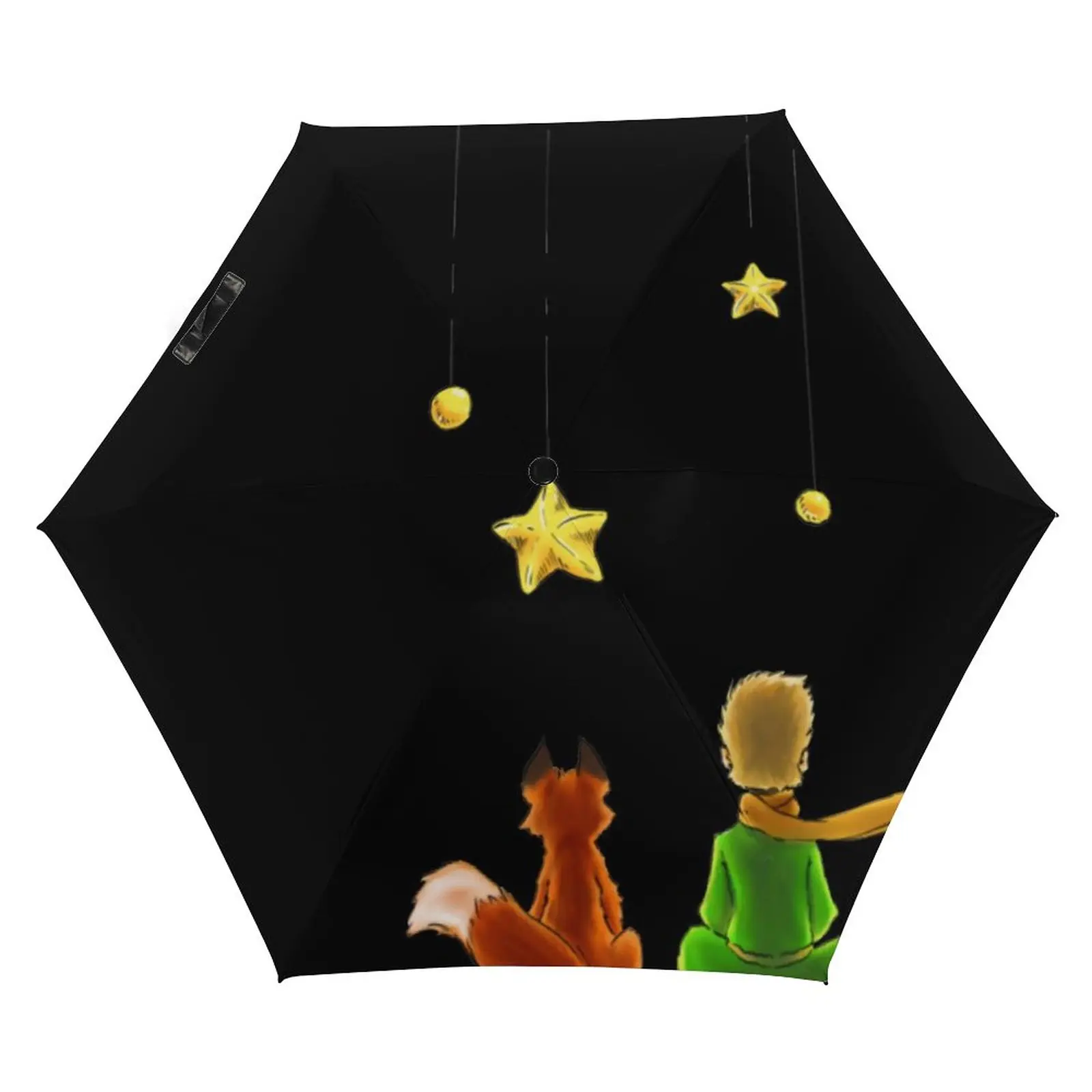 Guarda-chuva pequeno príncipe com 3 dobras, raposa fofa e estrelas, resistente ao vento, guarda-chuva de bolso, não automático, para homens e mulheres