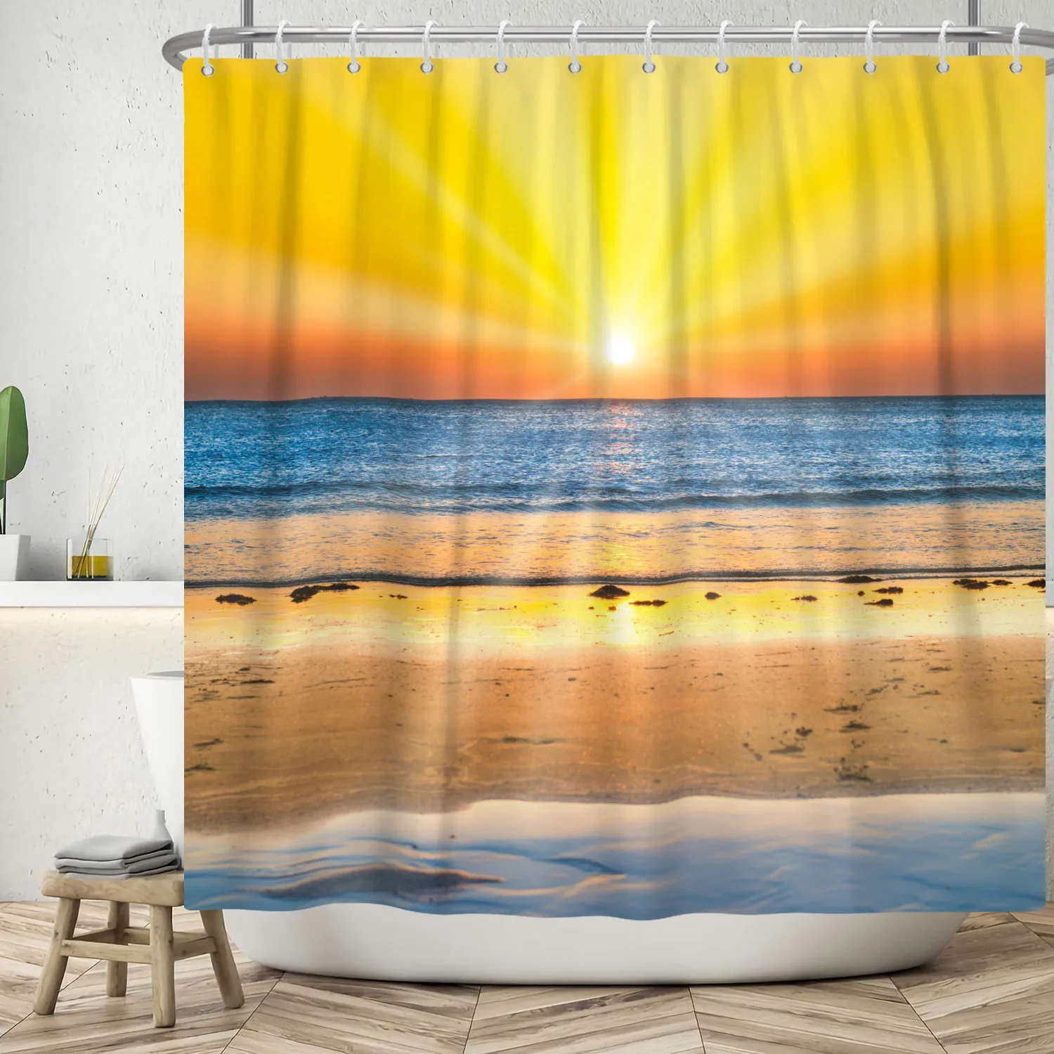 

Bath Curtain Sea Beach Sunrise Shower Curtain Solid Color Gradient Waterproof Bathroom Home Washable Fabric Bath Screen 12 Hooks