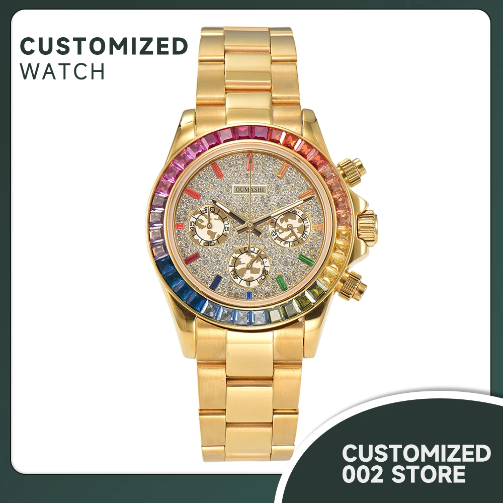 Maßgeschneiderte 39 mm VK63-Uhrwerk Herrenuhr Chronograph Quarzuhr Regenbogen Lünette Edelstahl Saphirglas wasserdichte Uhr