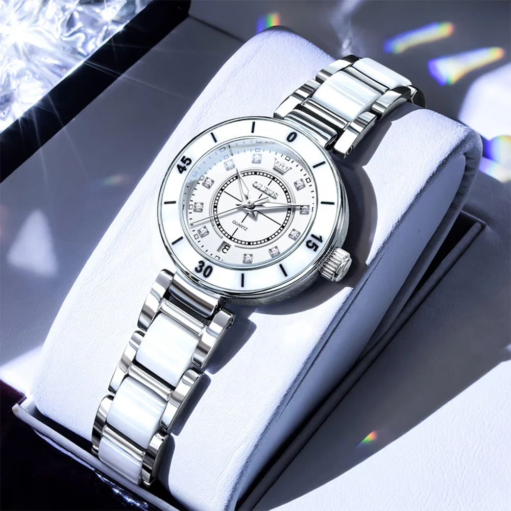 

OLEVS Роскошные женские часы с керамическим ремешком, кварцевые часы с бриллиантами, водонепроницаемые женские часы, платье, женские часы, reloj + коробка