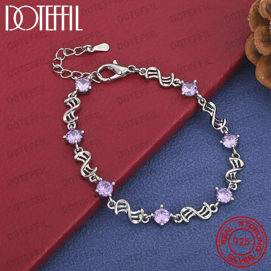 Elegantes 925 Sterling Silber 8-Zoll Exquisites Wellenförmiges Lila Zirkon-Armband für Damen Mode Party Geschenk