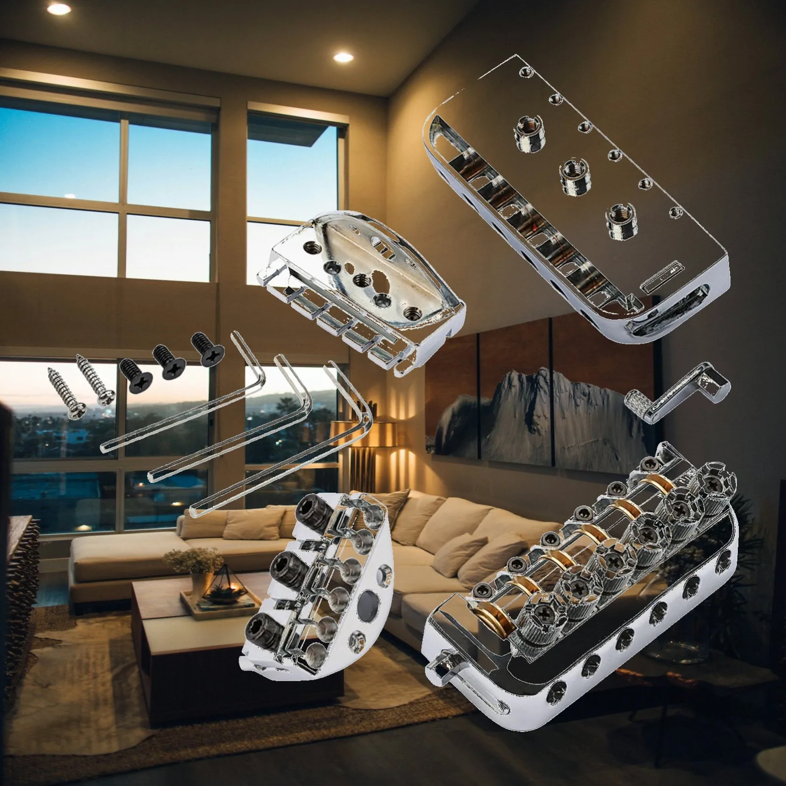 Headless Guitar Bridge 6 String Roller Saddle Tailpiece Gear Tuner Set for Electric Guitar Accessories Replacement
