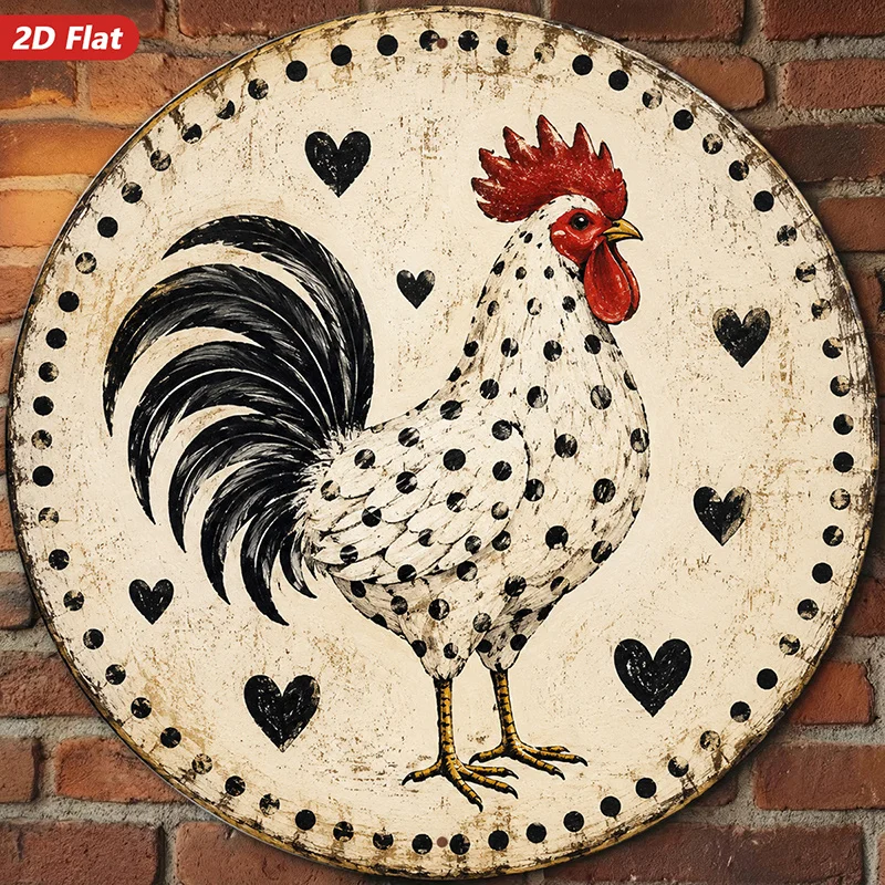 2D Flat, 1pc Rustic Polka Rooster Round Metal Sign Wall Art, Home Decor, Folk Art Rooster with Hearts, Distressed Vintage Style