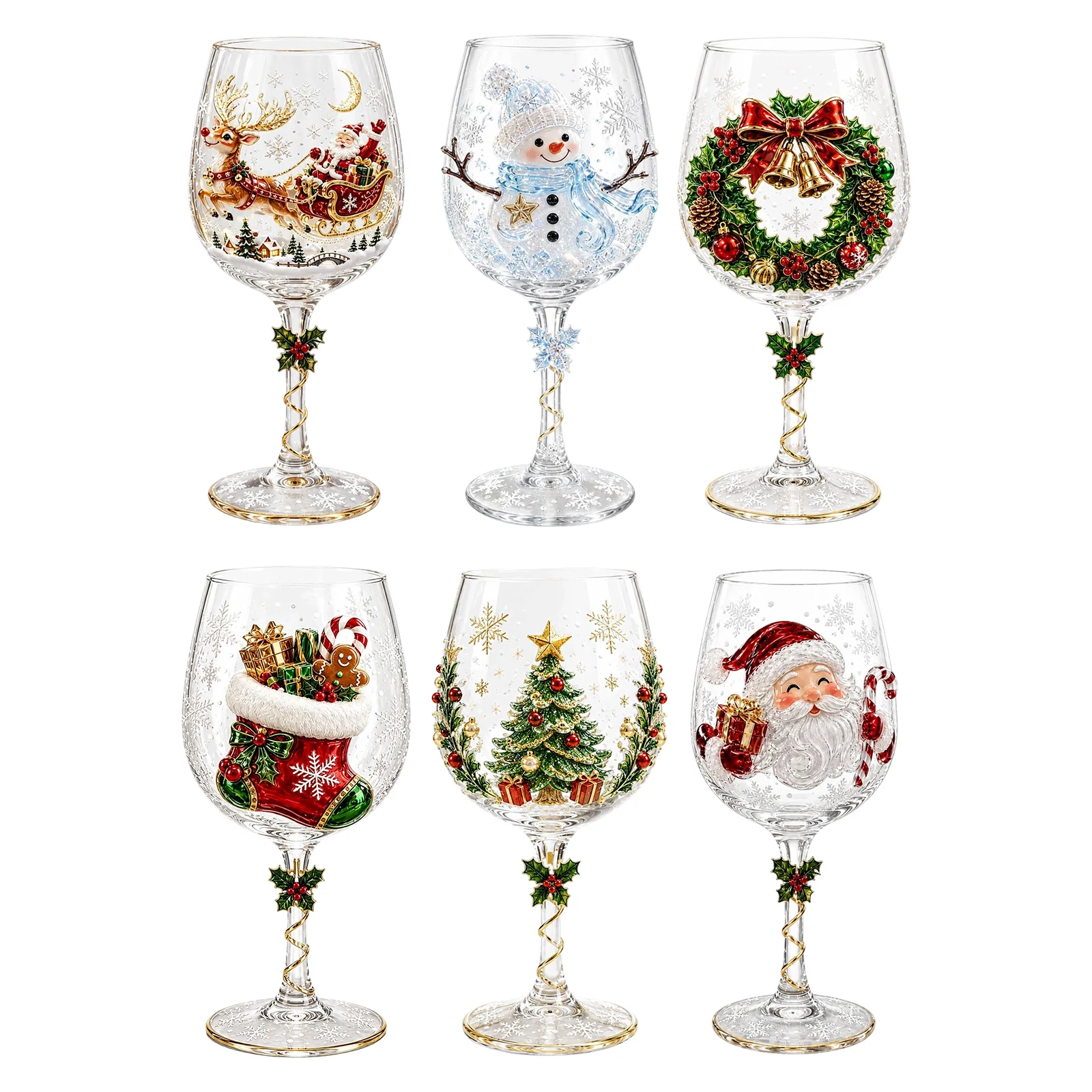 Holiday Stemware Christmas Wine Glass 2D Art Santa for SNOWMAN Reindeer Clear Goblet Party Cup