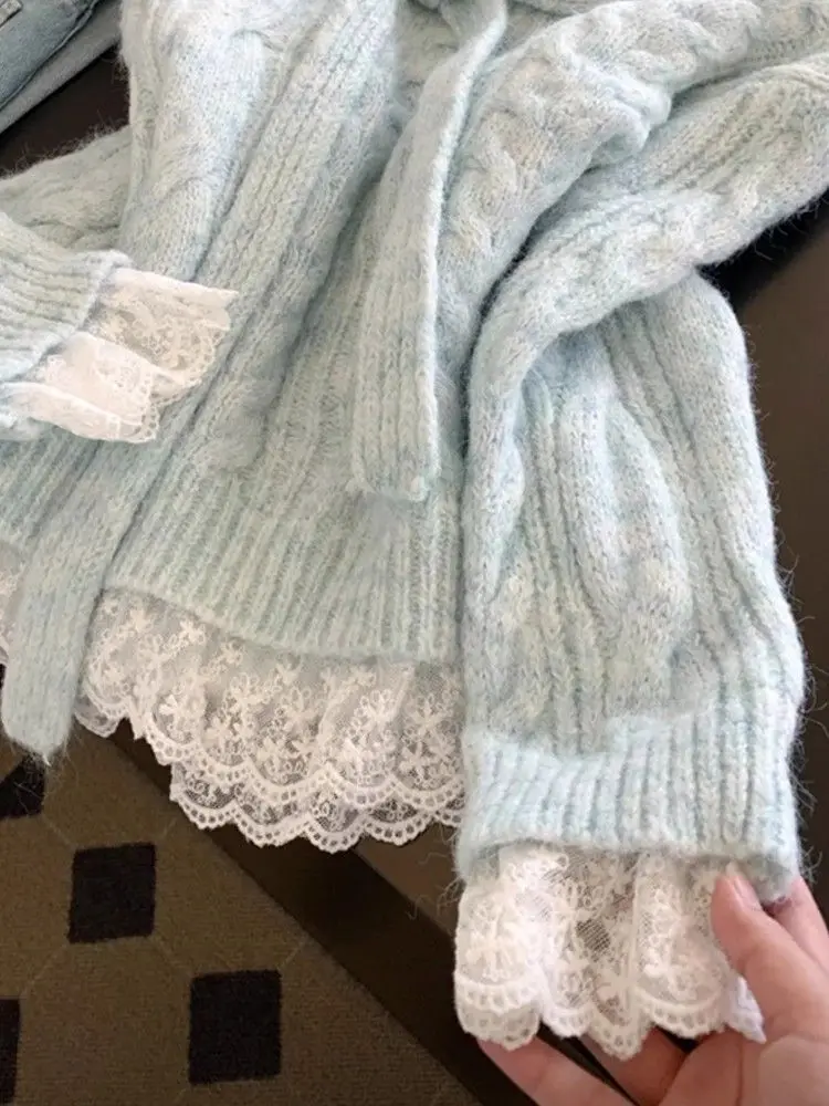 Suéter con lazo y costuras de encaje para Mujer, suéteres tejidos para Otoño e Invierno, Top de moda coreana, suéter dulce para Mujer