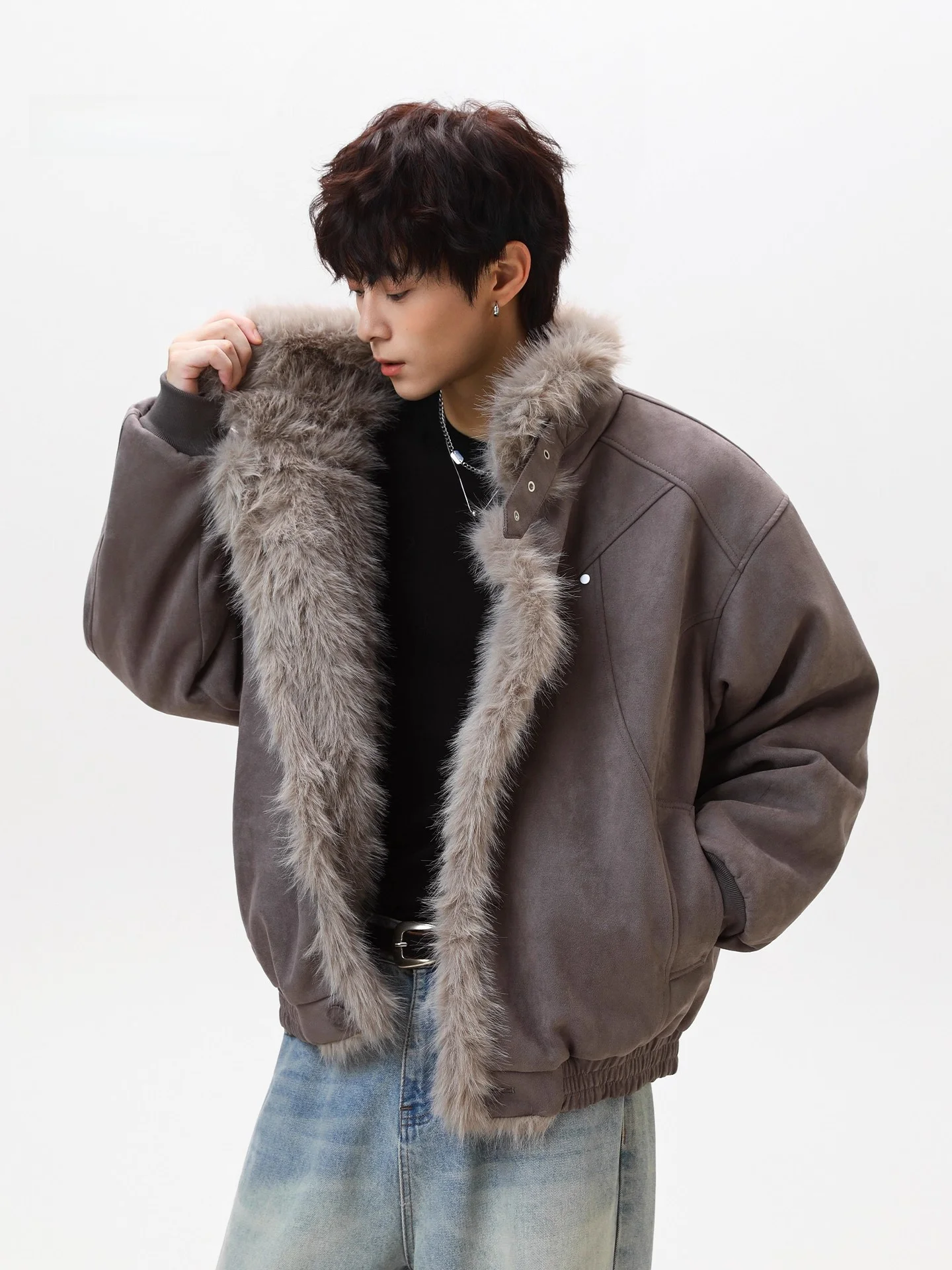 

Wolf King Suede Cotton Jacket Men's Winter Thick Warm Casual Style Zipper Closure Long Sleeve Coat Youth Popular Fashion