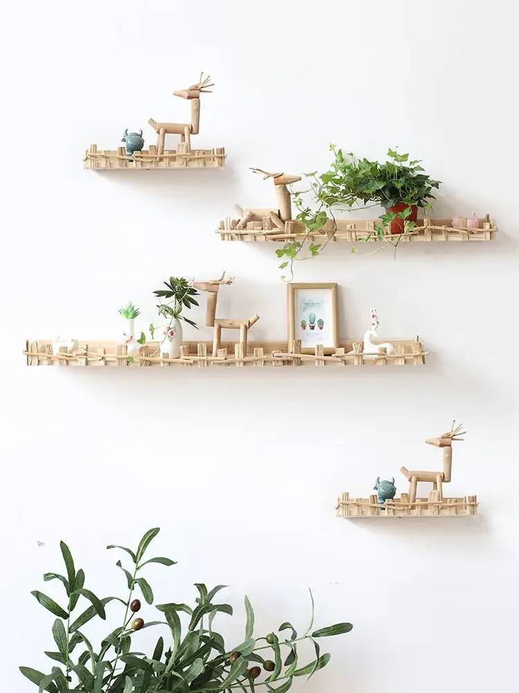 Log wall rack No punching hanging shelf TV decoration living room baffle creative