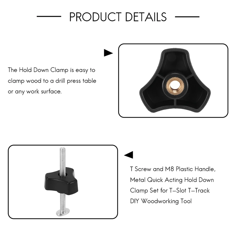 AB47-2 Set T Screw And M8 Plastic Handle,Metal Quick Acting Hold Down Clamp Set For T-Slot T-Track DIY Woodworking Tool